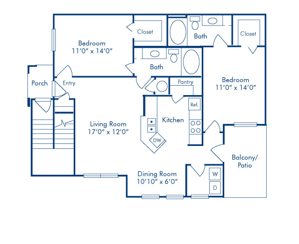 Blueprint of E Floor Plan, 2 Bedrooms and 2 Bathrooms at Camden Huntingdon Apartments in Austin, TX