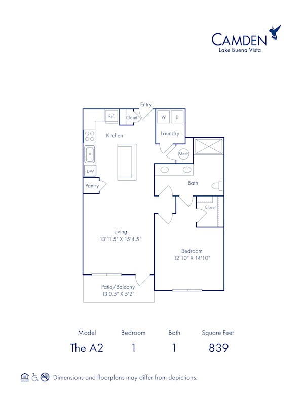 A2 floor plan at Camden Lake Buena Vista apartments in Orlando, FL