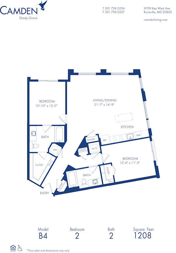 Blueprint of B4 Floor Plan, 2 Bedrooms and 2 Bathrooms at Camden Shady Grove Apartments in Rockville, MD