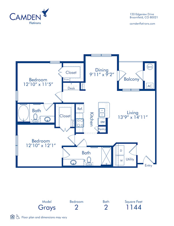 Blueprint of Grays Floor Plan, 2 Bedrooms and 2 Bathrooms at Camden Flatirons Apartments in Broomfield, CO