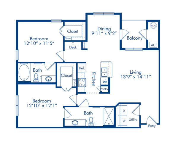 Blueprint of Grays Floor Plan, 2 Bedrooms and 2 Bathrooms at Camden Flatirons Apartments in Broomfield, CO