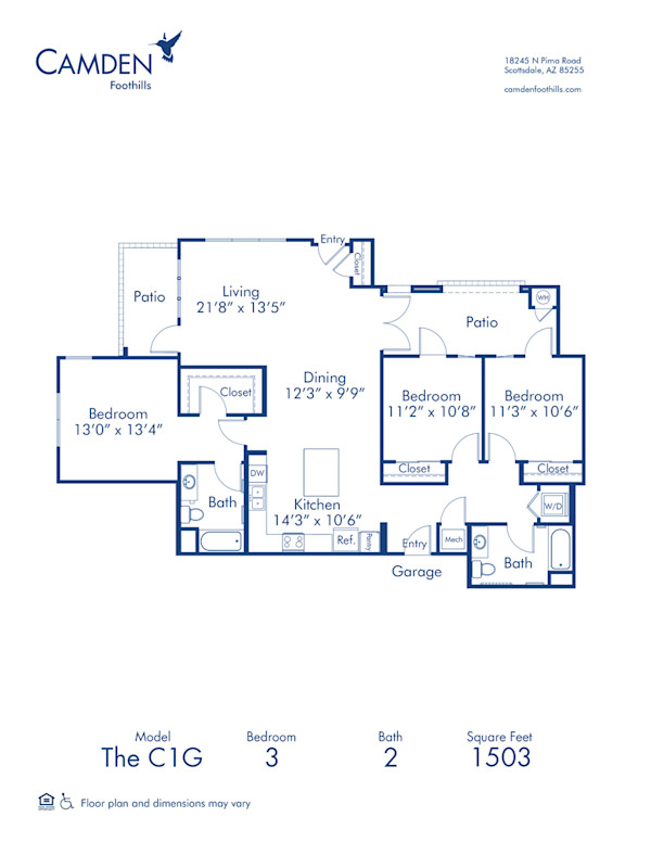 Blueprint of The C1G Floor Plan, 3 Bedrooms and 2 Bathrooms at Camden Foothills Apartments in Scottsdale, AZ