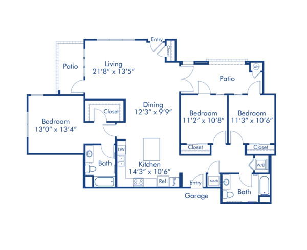 Blueprint of The C1G Floor Plan, 3 Bedrooms and 2 Bathrooms at Camden Foothills Apartments in Scottsdale, AZ