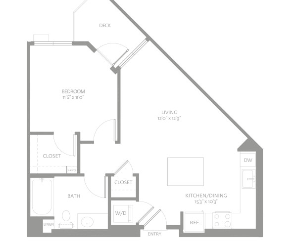 Blueprint of A2 Floor Plan, 1 Bedroom and 1 Bathroom Apartment Home at The Camden in Hollywood, CA