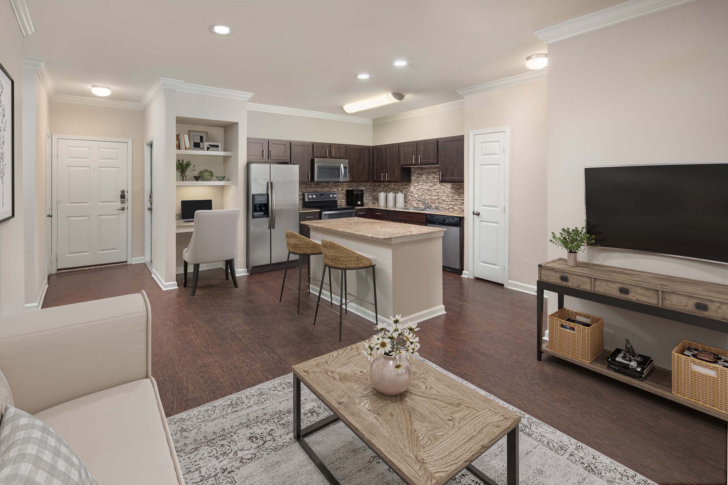 First floor home with wood-style flooring at Camden Riverwalk apartments in Grapevine, TX