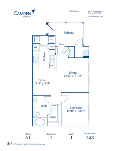 Blueprint of A1 Floor Plan, 1 Bedroom and 1 Bathroom at Camden Landmark Apartments in Ontario, CA