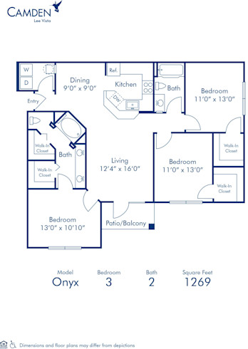 Blueprint of Onyx Floor Plan, 3 Bedrooms and 2 Bathrooms at Camden Lee Vista Apartments in Orlando, FL