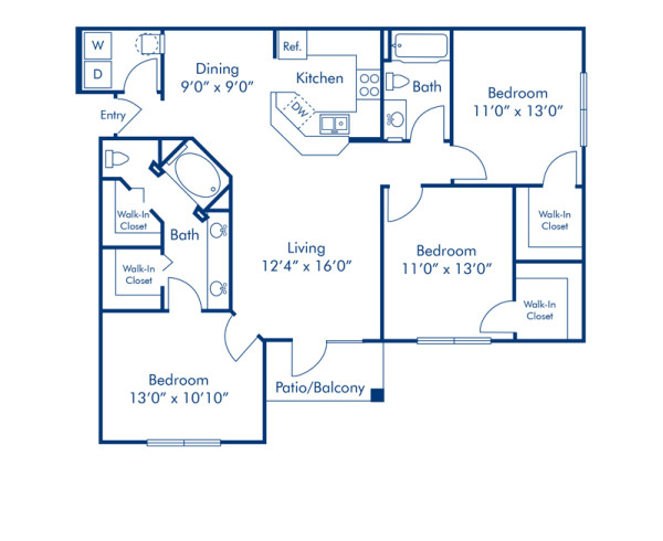 Blueprint of Onyx Floor Plan, 3 Bedrooms and 2 Bathrooms at Camden Lee Vista Apartments in Orlando, FL