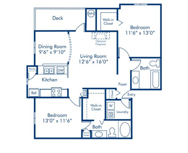 Blueprint of 2.2 Floor Plan, Apartment Home with 2 Bedrooms and 2 Bathrooms at Camden Ballantyne in Charlotte, NC
