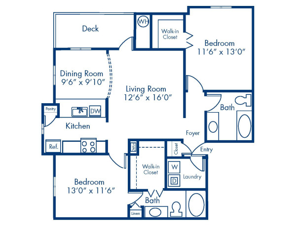 Blueprint of 2.2 Floor Plan, Apartment Home with 2 Bedrooms and 2 Bathrooms at Camden Ballantyne in Charlotte, NC