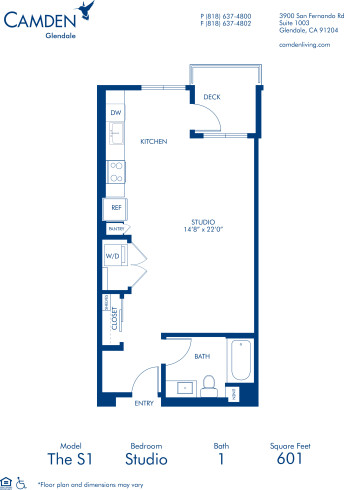 Blueprint of S1 Floor Plan, Studio with 1 Bathroom at Camden Glendale Apartments in Glendale, CA