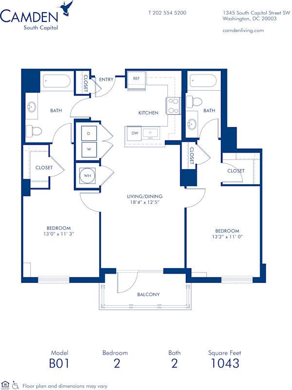 Blueprint of B01 Floor Plan, 2 Bedrooms and 2 Bathrooms at Camden South Capitol Apartments in Washington, DC