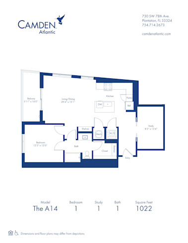 The A14 floor plan, 1 bed, 1 bath apartment home at Camden Atlantic in Plantation, FL