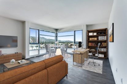 Living dining workspace floor to ceiling windows