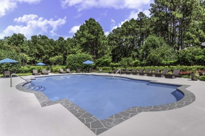 Pool with sundeck surrounded by beautiful trees