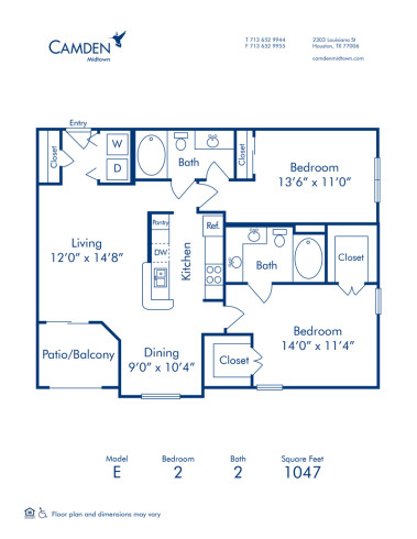 Blueprint of E Floor Plan, 2 Bedrooms and 2 Bathrooms at Camden Midtown Houston Apartments in Houston, TX