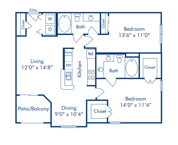 Blueprint of E Floor Plan, 2 Bedrooms and 2 Bathrooms at Camden Midtown Houston Apartments in Houston, TX