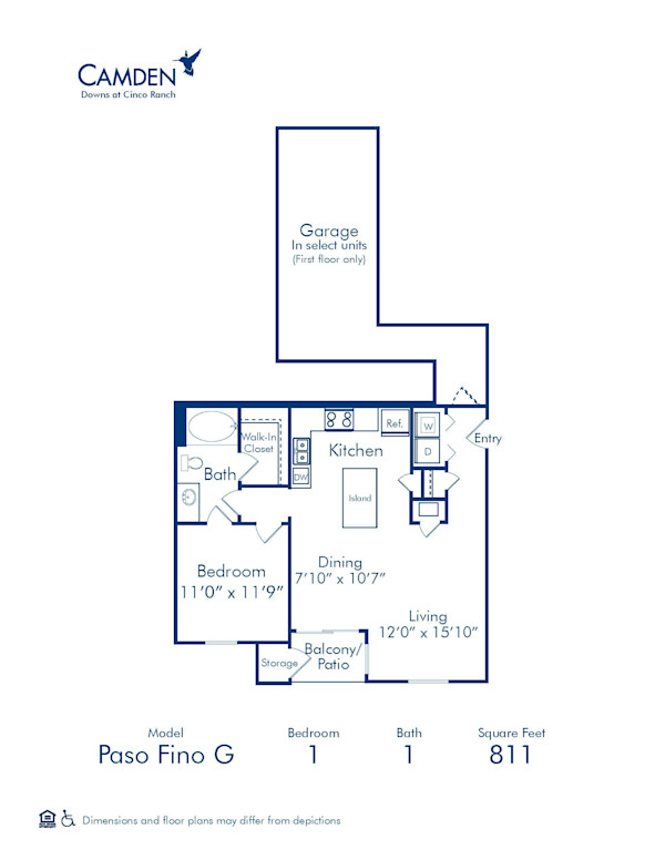 Blueprint of Paso Fino G Floor Plan, 1 Bedroom and 1 Bathroom at Camden Downs at Cinco Ranch Apartments in Katy, TX