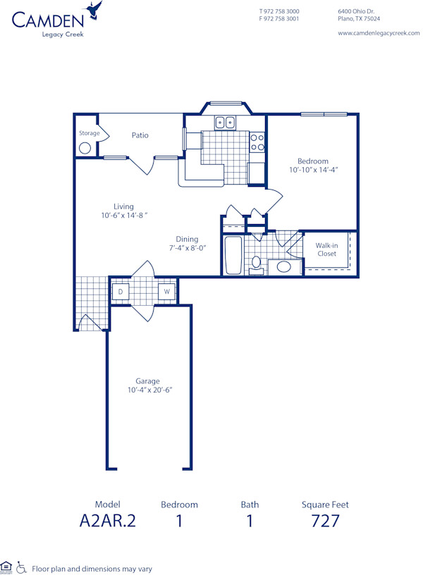 Blueprint of A2AR.2 Floor Plan, 1 Bedroom and 1 Bathroom at Camden Legacy Creek Apartments in Plano, TX