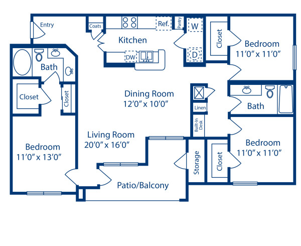 Blueprint of I Floor Plan, 3 Bedrooms and 2 Bathrooms at Camden Holly Springs Apartments in Houston, TX