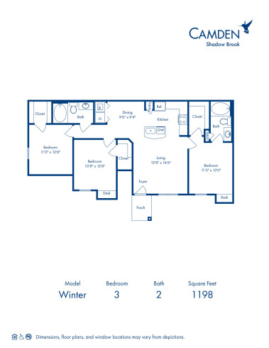 Blueprint of Winter Floor Plan, 3 Bedrooms and 2 Bathrooms at Camden Shadow Brook Apartments in Austin, TX