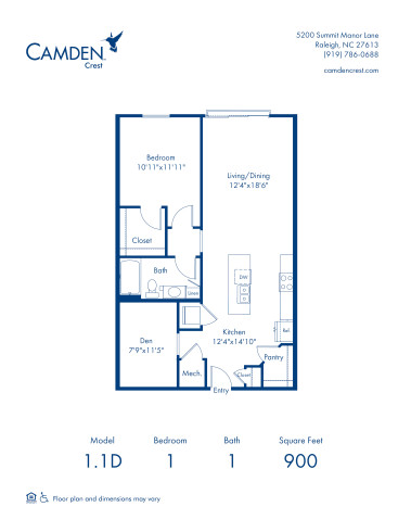 1.1D Floor Plan, 1 bed, 1 bath apartment home at Camden Crest in Raleigh, NC