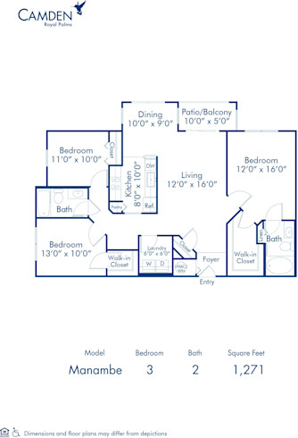 Blueprint of Manambe Floor Plan, 3 Bedrooms and 2 Bathrooms at Camden Royal Palms Apartments in Brandon, FL