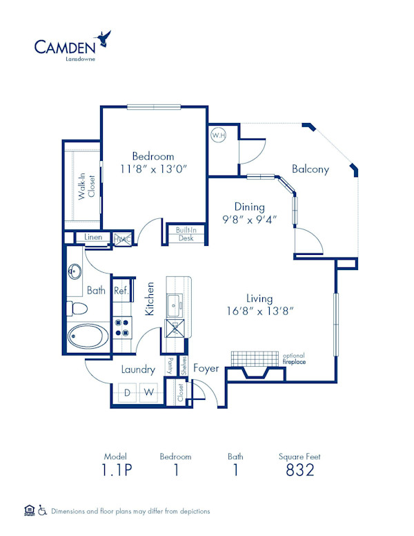 Blueprint of 1.1P Floor Plan, 1 Bedroom and 1 Bathroom at Camden Lansdowne Apartments in Lansdowne, VA