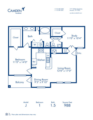 Blueprint of J Floor Plan, 1 Bedroom and 1.5 Bathrooms at Camden Vanderbilt Apartments in Houston, TX