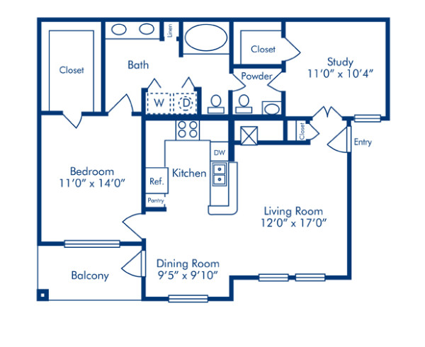 Blueprint of J Floor Plan, 1 Bedroom and 1.5 Bathrooms at Camden Vanderbilt Apartments in Houston, TX