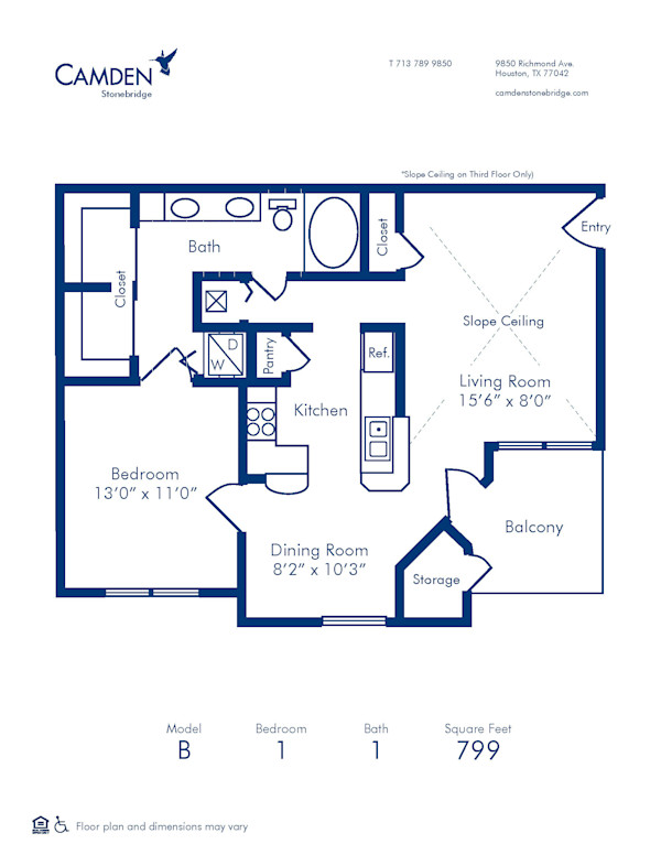 Blueprint of B Floor Plan, 1 Bedroom and 1 Bathroom at Camden Stonebridge Apartments in Houston, TX
