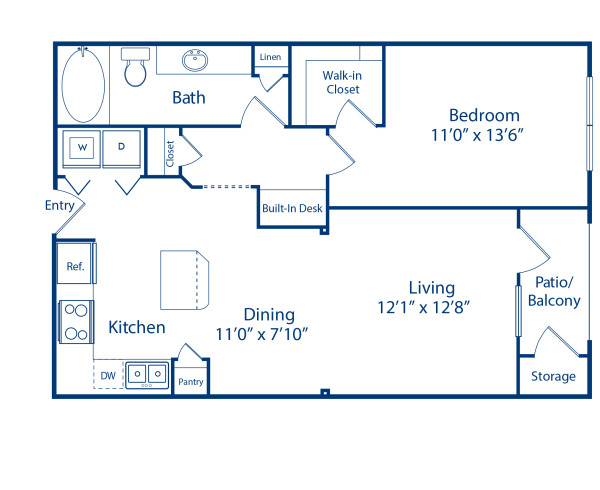 Blueprint of The Harvard Floor Plan, 1 Bedroom and 1 Bathroom at Camden Heights Apartments in Houston, TX
