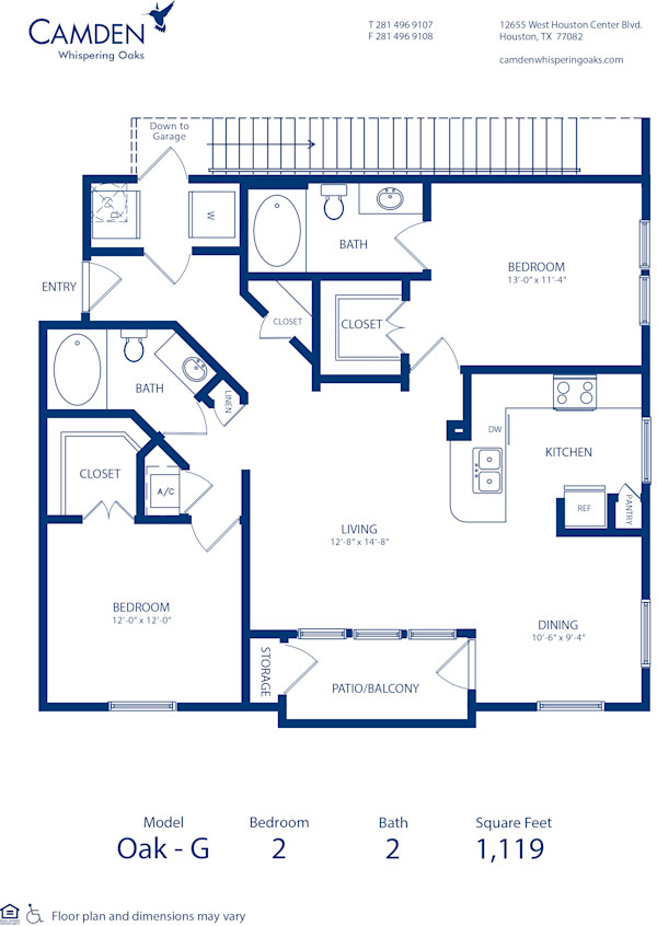Blueprint of Oak - G Floor Plan, 2 Bedrooms and 2 Bathrooms at Camden Whispering Oaks Apartments in Houston, TX