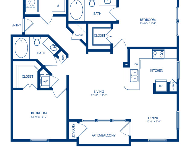 Blueprint of Oak - G Floor Plan, 2 Bedrooms and 2 Bathrooms at Camden Whispering Oaks Apartments in Houston, TX