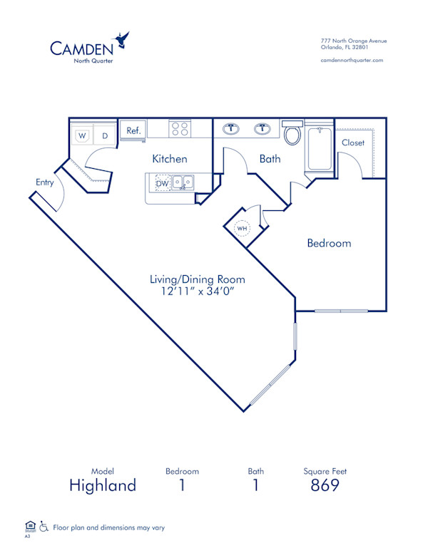 Camden North Quarter Apartments Downtown Orlando one bedroom floor plan Highland