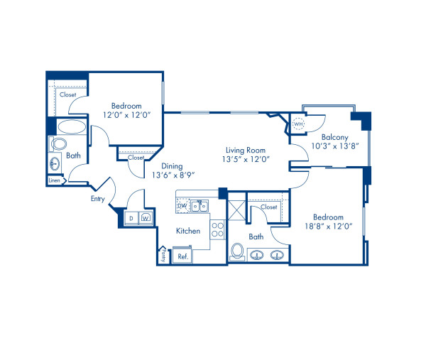 Blueprint of Sable Floor Plan, 2 Bedrooms and 2 Bathrooms at Camden Sotelo Apartments in Tempe, AZ