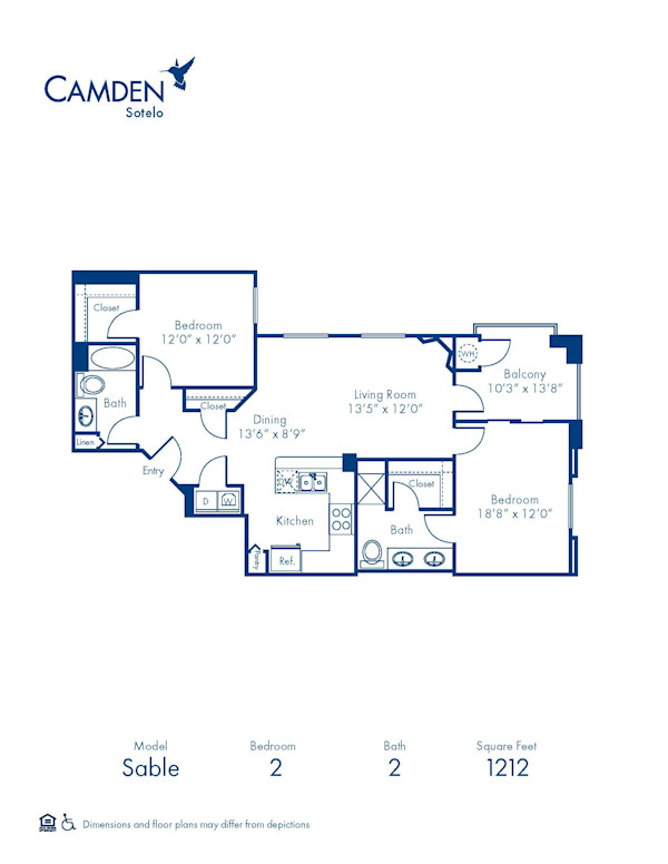 Blueprint of Sable Floor Plan, 2 Bedrooms and 2 Bathrooms at Camden Sotelo Apartments in Tempe, AZ