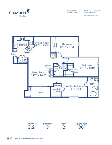 Blueprint of 3.2 Floor Plan, 3 Bedrooms and 2 Bathrooms at Camden Fair Lakes Apartments in Fairfax, VA