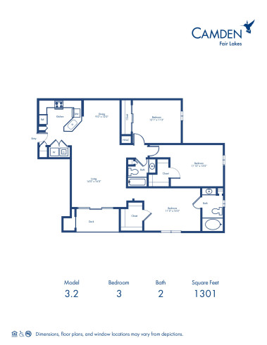 Blueprint of 3.2 Floor Plan, 3 Bedrooms and 2 Bathrooms at Camden Fair Lakes Apartments in Fairfax, VA