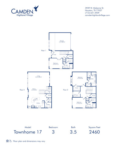 Camden Highland Village apartments in Houston, TX three bedroom x 3.5 bath floor plan Townhome 17