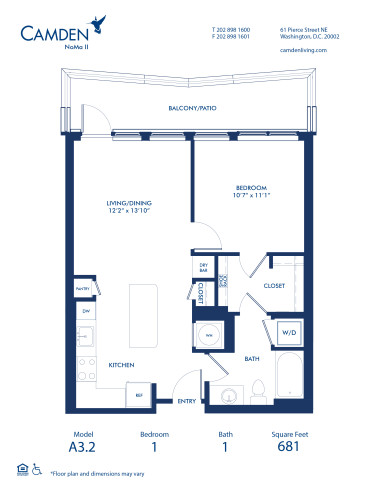 Blueprint of A3.2 Floor Plan, 1 Bedroom and 1 Bathroom at Camden NoMa II Apartments in Washington, DC