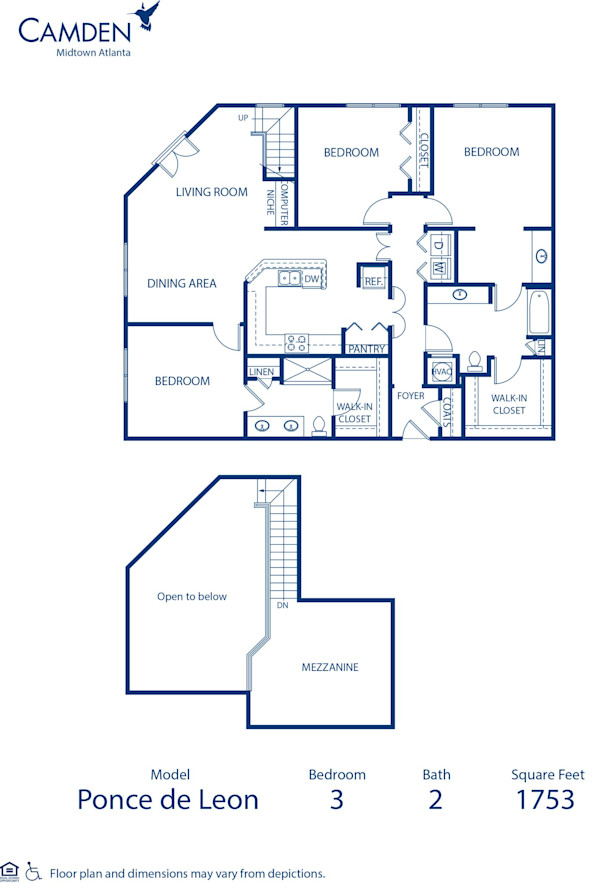 Blueprint of Ponce de Leon Floor Plan, 3 Bedrooms and 2 Bathrooms at Camden Midtown Atlanta Apartments in Atlanta, GA