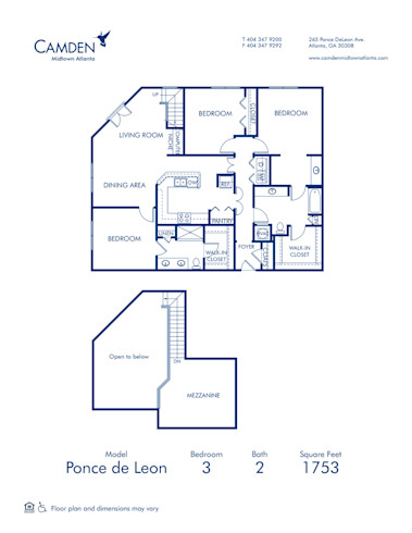 Blueprint of Ponce de Leon Floor Plan, 3 Bedrooms and 2 Bathrooms at Camden Midtown Atlanta Apartments in Atlanta, GA