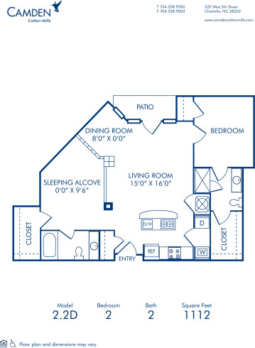 Blueprint of 2.2D Floor Plan, 2 Bedrooms and 2 Bathrooms at Camden Cotton Mills Apartments in Charlotte, NC