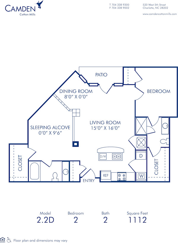 Blueprint of 2.2D Floor Plan, 2 Bedrooms and 2 Bathrooms at Camden Cotton Mills Apartments in Charlotte, NC