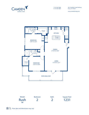 Blueprint of Rush Floor Plan, 2 Bedrooms and 2 Bathrooms at Camden Panther Creek Apartments in Frisco, TX