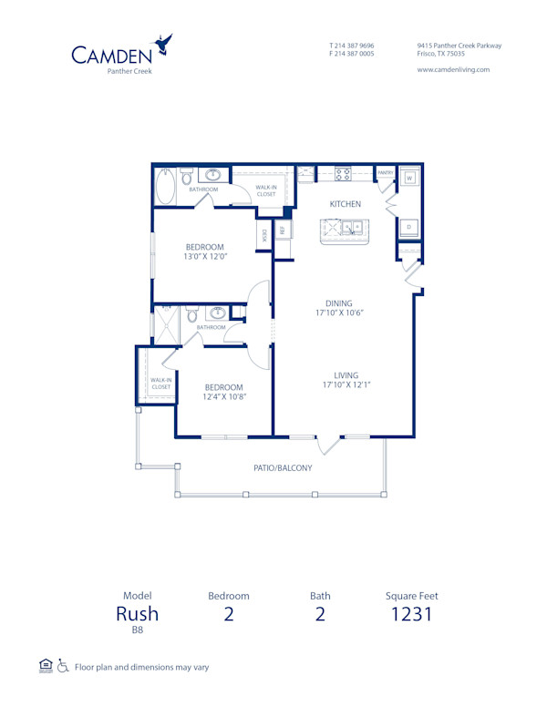 Blueprint of Rush Floor Plan, 2 Bedrooms and 2 Bathrooms at Camden Panther Creek Apartments in Frisco, TX