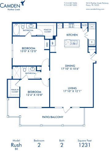 Blueprint of Rush Floor Plan, 2 Bedrooms and 2 Bathrooms at Camden Panther Creek Apartments in Frisco, TX