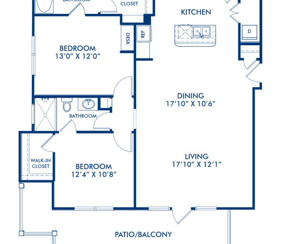 Blueprint of Rush Floor Plan, 2 Bedrooms and 2 Bathrooms at Camden Panther Creek Apartments in Frisco, TX