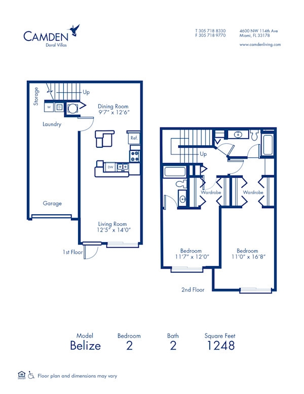 Blueprint of Belize Floor Plan, 2 Bedrooms and 2 Bathrooms at Camden Doral Villas Apartments in Doral, FL